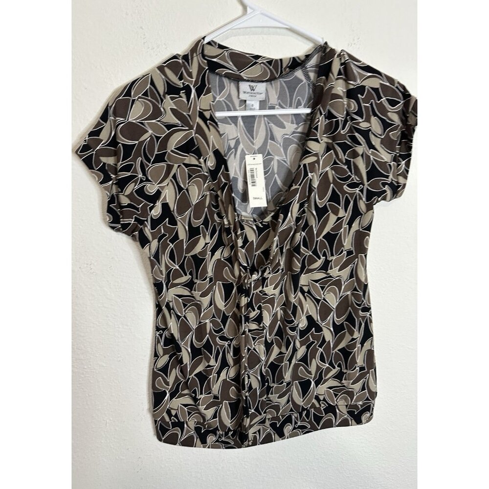 Worthington Women’s Blouse Small Black Tan Leaf Print Short Sleeve V-Neck Shirt